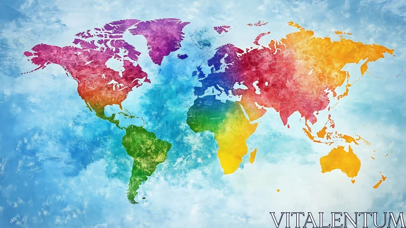 World map shows continents in bright rainbow watercolor