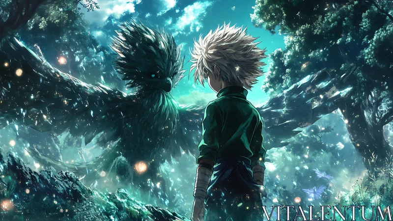 Anime forest confrontation with luminous spirit bird composition.