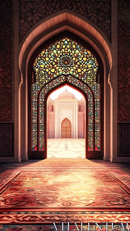 Intricate mosque portal framing sunlit inner courtyard.