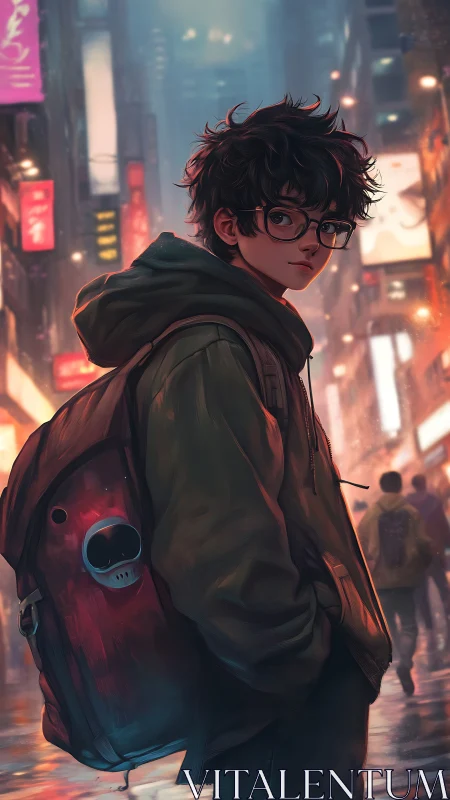 Teenage boy with backpack walks through neon city street