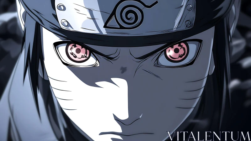 Intense anime ninja close-up with glowing hypnotic eyes.