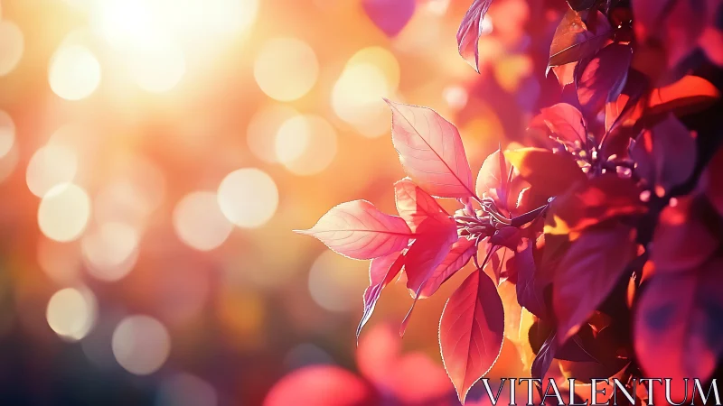 Sunlit red leaves glow against warm circular bokeh background