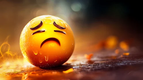 Glistening sad emoji sphere under warm cinematic glow.