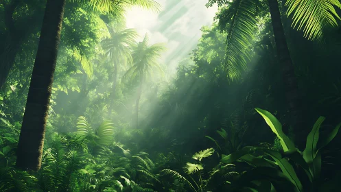 Tropical forest interior with sunlight penetration and dense vegetation.