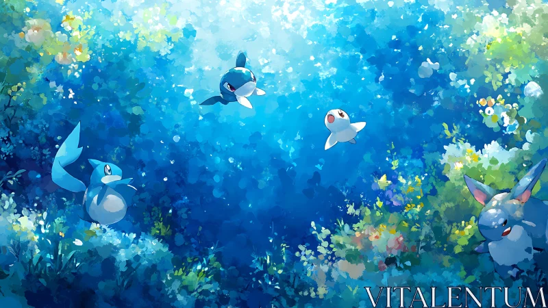 Playful creatures drift through luminous blue forest.