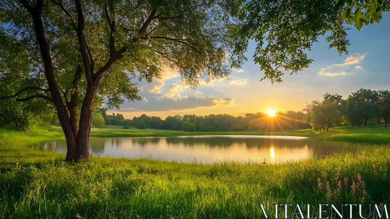 Low-angle sunset over reflective pond with backlit foliage rendering