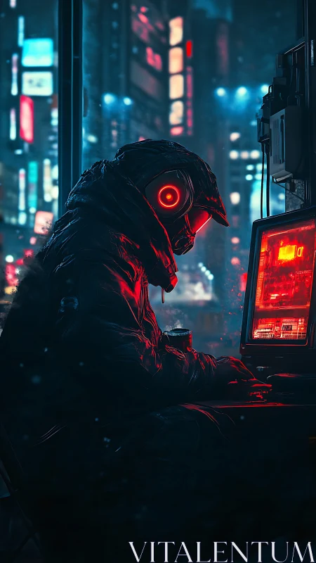 Hooded cyberpunk figure operates glowing red monitor at night