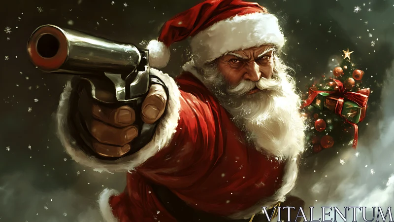 Ballistic Santa portrait with foreshortened revolver focus.