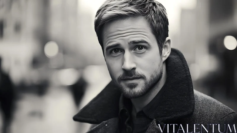 Monochrome male portrait on urban street with soft bokeh.