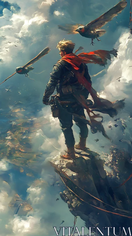 Solitary figure on cliff ledge overlooking aerial landscape.