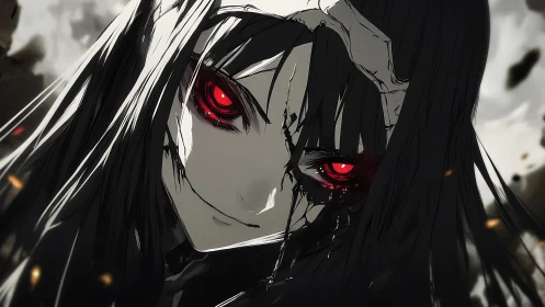 Red-eyed fractured mask girl in dramatic close-up profile