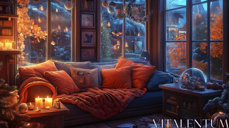 Candlelit living room sofa contrasts warm interior with snowy night