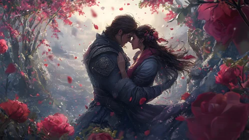 Armored figure cradles companion amid cascading crimson petals and luminous botanical realm.
