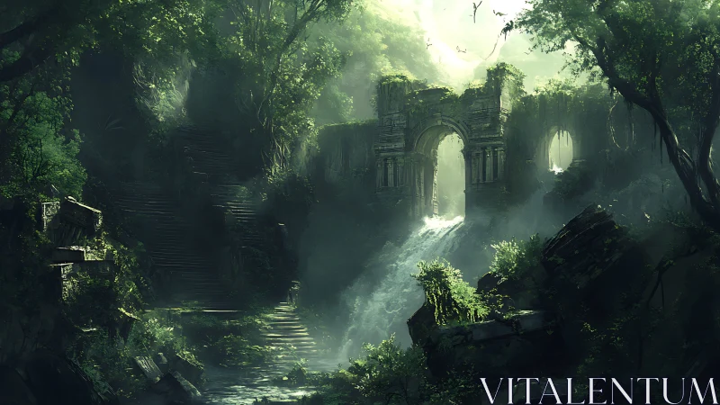 Sunlit jungle ruins rise above misty cascading waters.