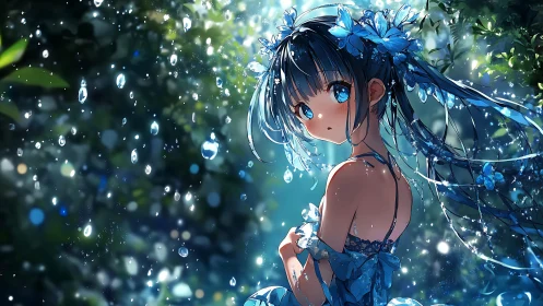 Blue-eyed rain sprite in a glowing forest daydream.