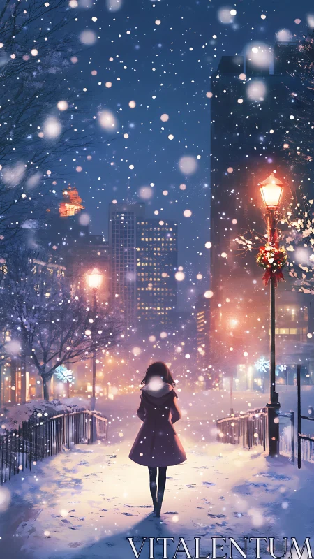 Solitary girl under snowfall in glowing winter city night.