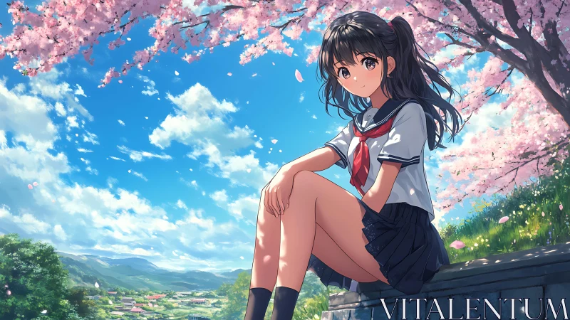 Schoolgirl under cherry blossoms overlooking rural valley