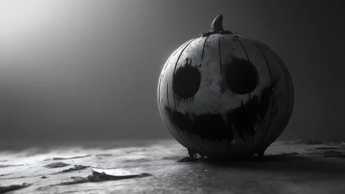 Rotting jack o lantern on wet ground in moody grayscale scene.