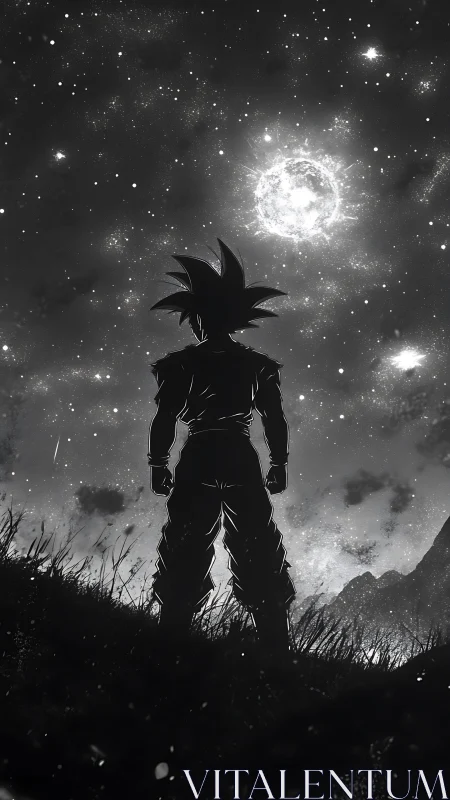 Backlit anime warrior silhouette under luminous starfield sky