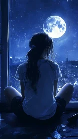 Backlit girl at window observing oversized full moonlit cityscape