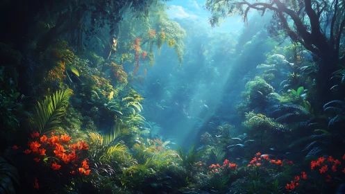 Mystical Forest Ravine with Luminescent Canopy.