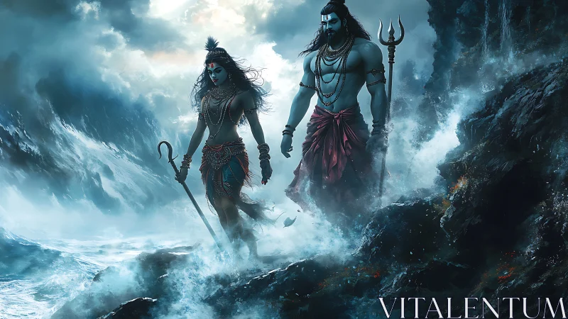 Storm-lashed deities stride through turbulent mythic seascape