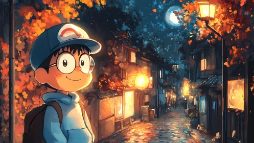 Moonlit alley hums while a curious boy collects warm lights