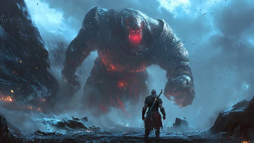 Warrior confronts towering lava colossus in frozen canyon.