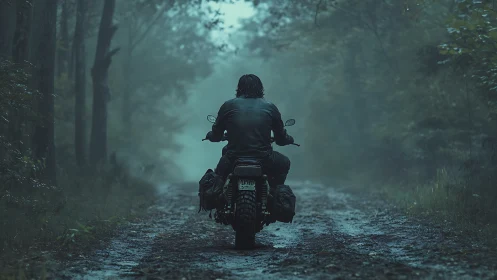 Motorcyclist on wet forest trail in dense blue-green fog.