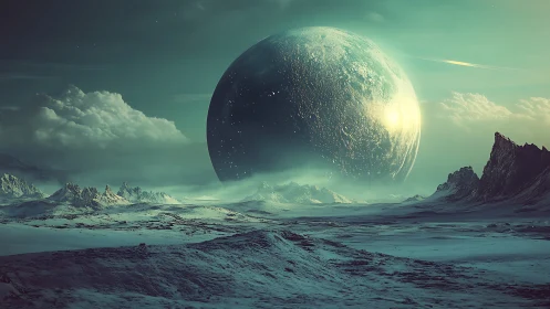 Frozen alien landscape under massive hovering planet.