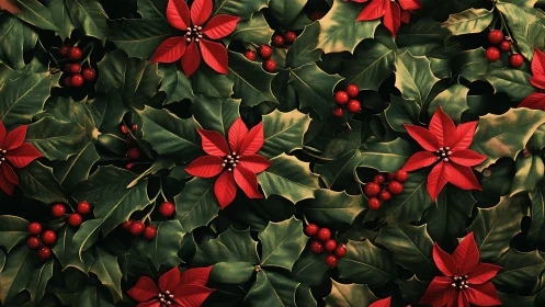 Red poinsettias and holly leaves form dense festive pattern