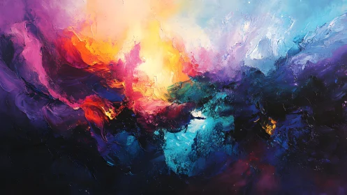 Vivid Abstract Landscape Painting with Bold Colors and Dynamic Light.