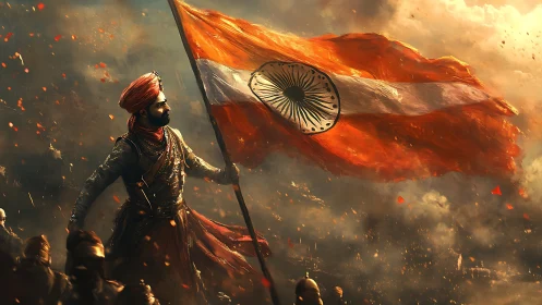 Dynamic warrior standard-bearer under turbulent, ember-lit sky