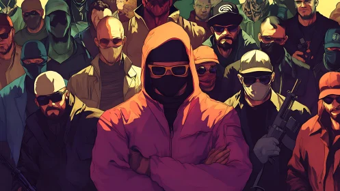 Masked crowd in tinted light with central hooded figure.