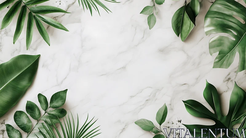 Marble backdrop framed by lush tropical green leaves.