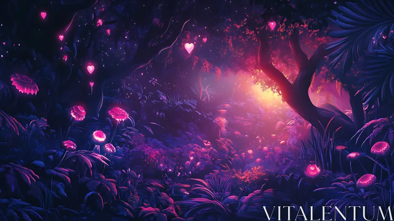 Luminescent forest garden with neon hearts glowing in darkness