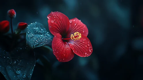 Red Hibiscus with Blue Butterfly in Droplets