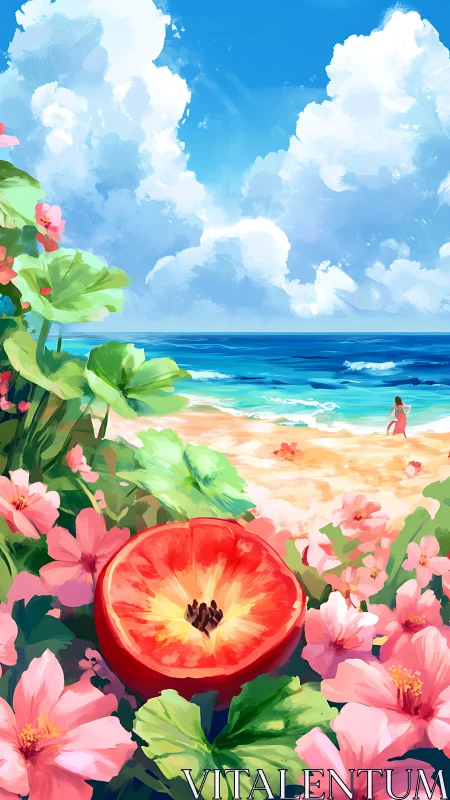 Bright tropical beach scene framed by flowers and fruit