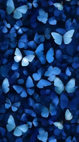 Layered indigo butterflies in vertical ornamental layout.