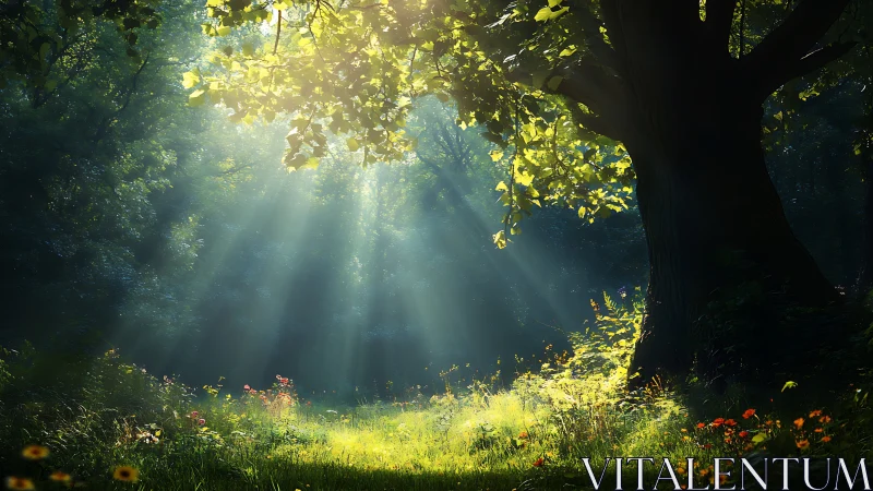 Sunlight Streaming Through Forest Canopy in Dreamy Nature Scene.