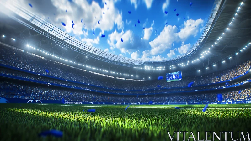 Floodlit football stadium glows over lush green pitch