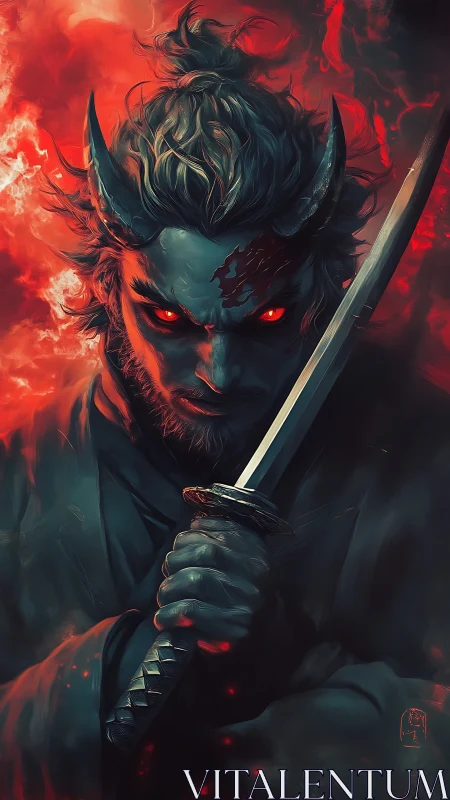 Demon swordsman bathed in ember light and quiet fury.