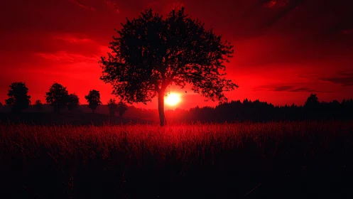 Monochrome red sunset tree silhouette in digital painting style.