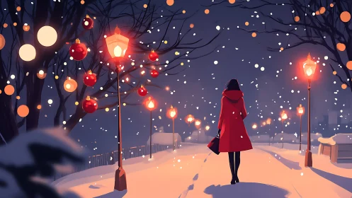 Woman in red coat walking through snowy lit winter path.
