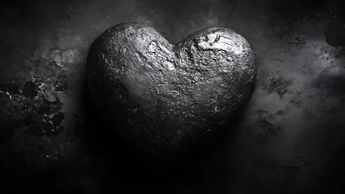 Metallic Heart Sculpture Against Textured Dark Surface.