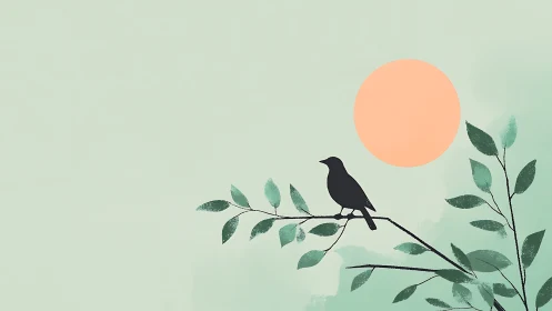 Minimalist bird silhouette on branch with pastel sunrise background.