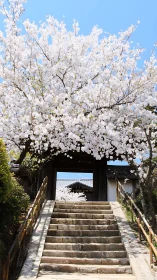 Stone stairway ascends toward wooden gate framed by dense sakura canopy