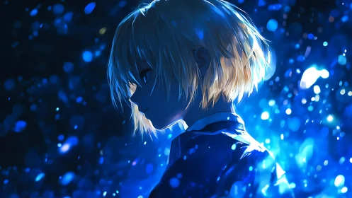 Blond anime character in blue glowing night scene.