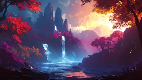 Vibrant fantasy valley with waterfalls and sunset light.