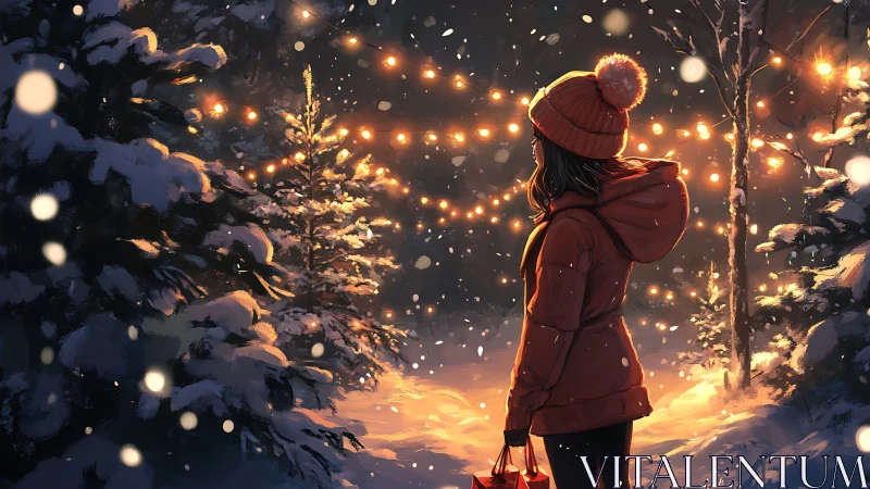 Girl in red winter coat studies glowing forest string lights